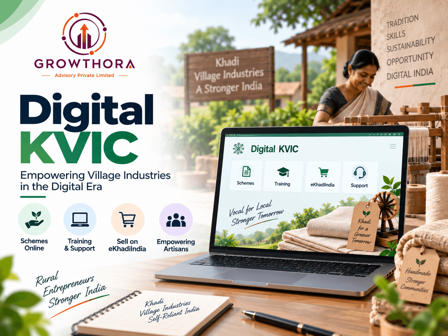 Digital KVIC – Empowering Village Industries and Rural Entrepreneurs Digital KVIC online services for Khadi and village industries, showing artisan support, online training, government schemes and eKhadi India access for rural entrepreneurs.