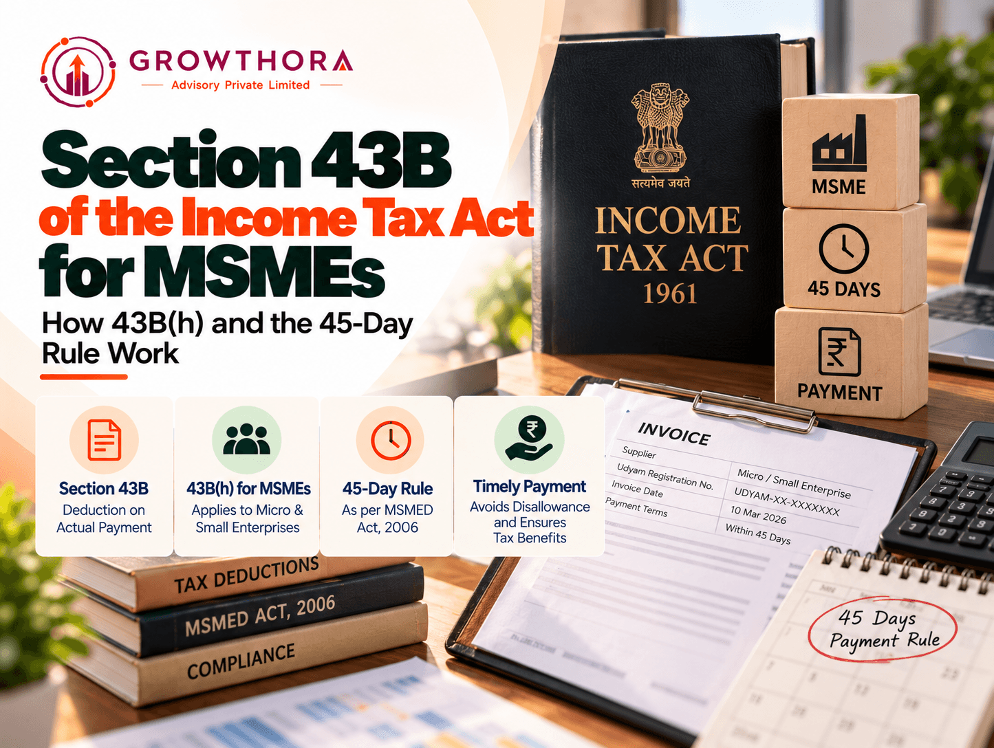 Section 43B(h) for MSMEs: 45-Day Payment Rule and Tax Deduction Compliance Section 43B of the Income Tax Act for MSMEs banner by Growthora showing the 45-day payment rule, Section 43B(h), MSME supplier invoices, timely payment requirements and tax deduction compliance.