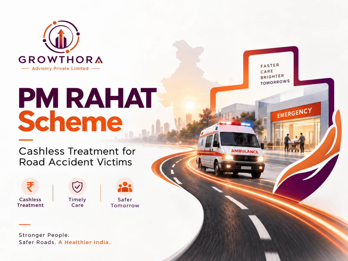 PM RAHAT Scheme: Cashless Treatment for Road Accident Victims PM RAHAT Scheme 2026 showing cashless emergency treatment for road accident victims, ambulance support, hospital care and road safety assistance in India