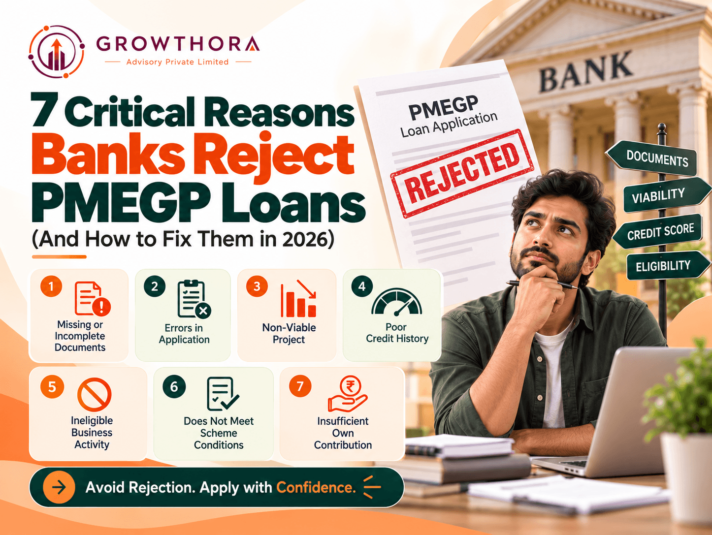 7 Critical Reasons Banks Reject PMEGP Loans in 2026 Growthora-branded banner about PMEGP loan rejection reasons, highlighting common causes such as missing documents, poor credit history, non-viable project reports, ineligible activities, and scheme eligibility issues, in a clean purple-orange theme.
