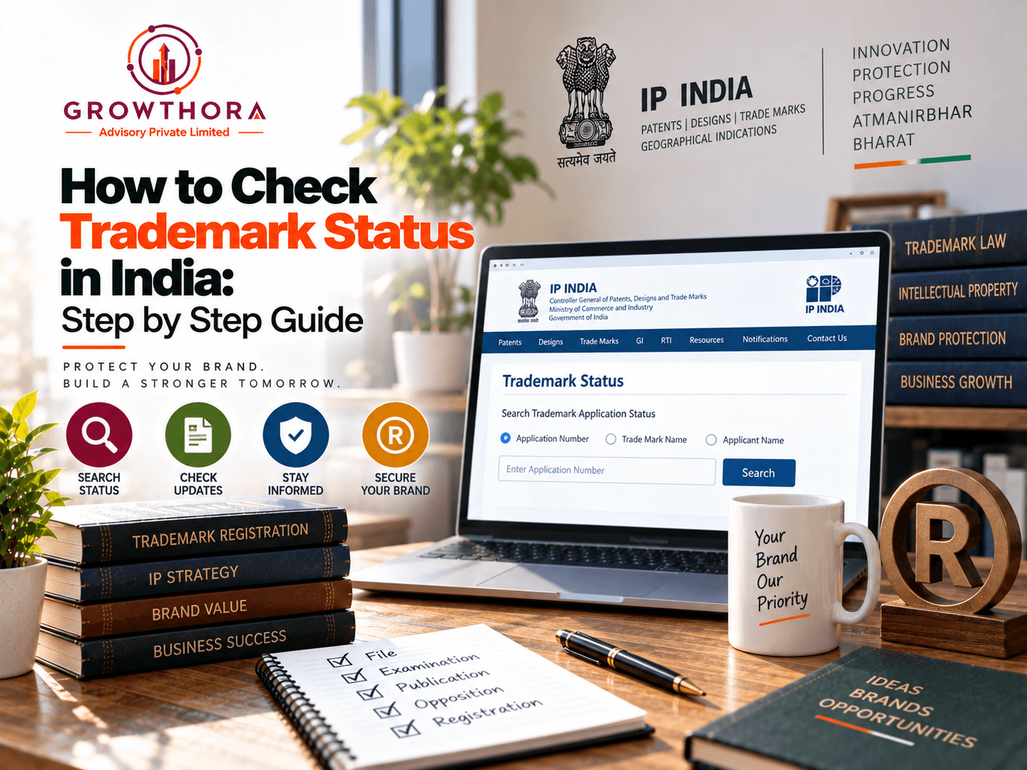How to check trademark status in India using the IP India portal, including application search, examination updates, objections, publication and registration stages