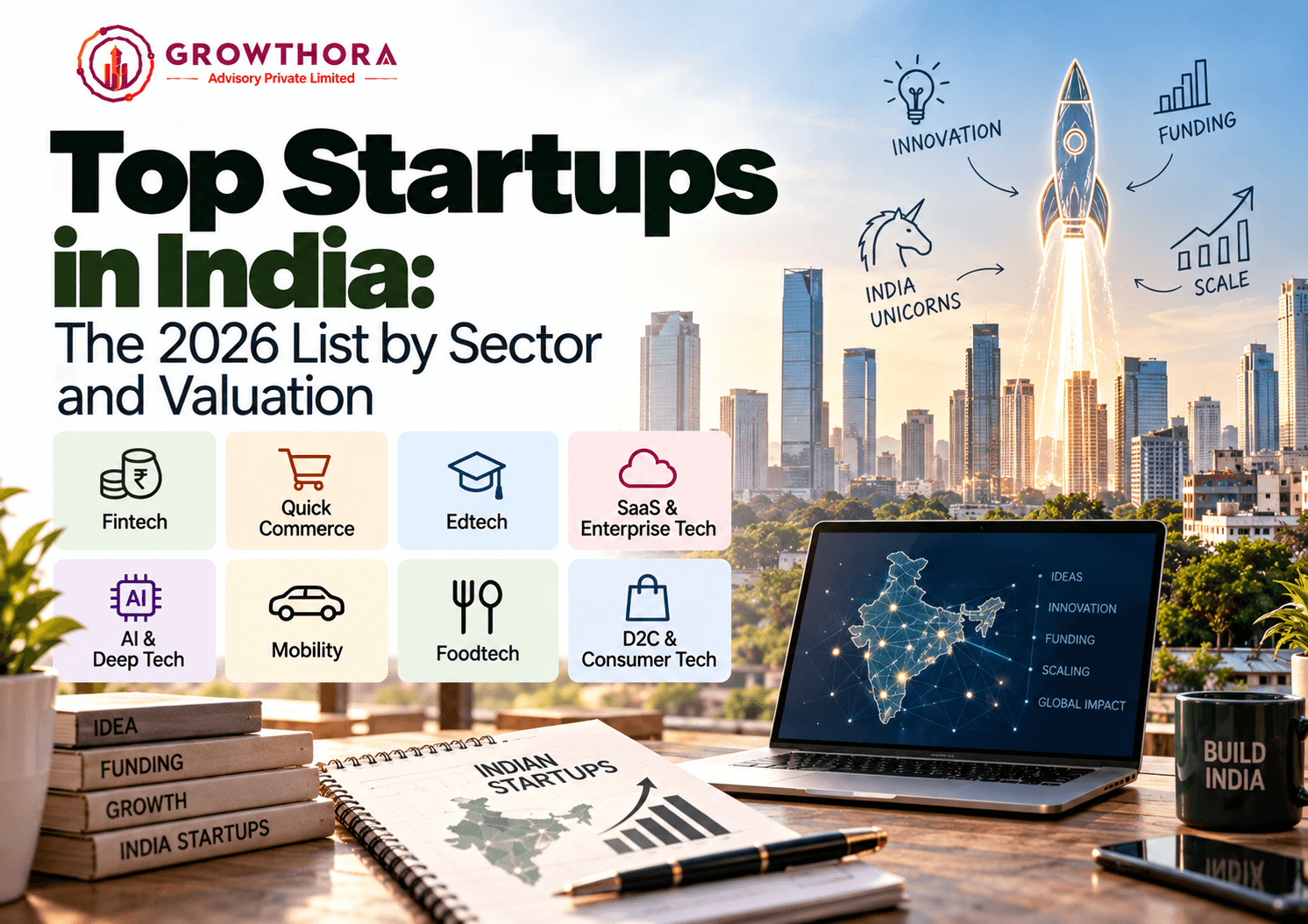 Top startups in India 2026 showing leading sectors including fintech, quick commerce, edtech, SaaS, AI and deep tech, mobility, foodtech and D2C with startup growth and valuation trends